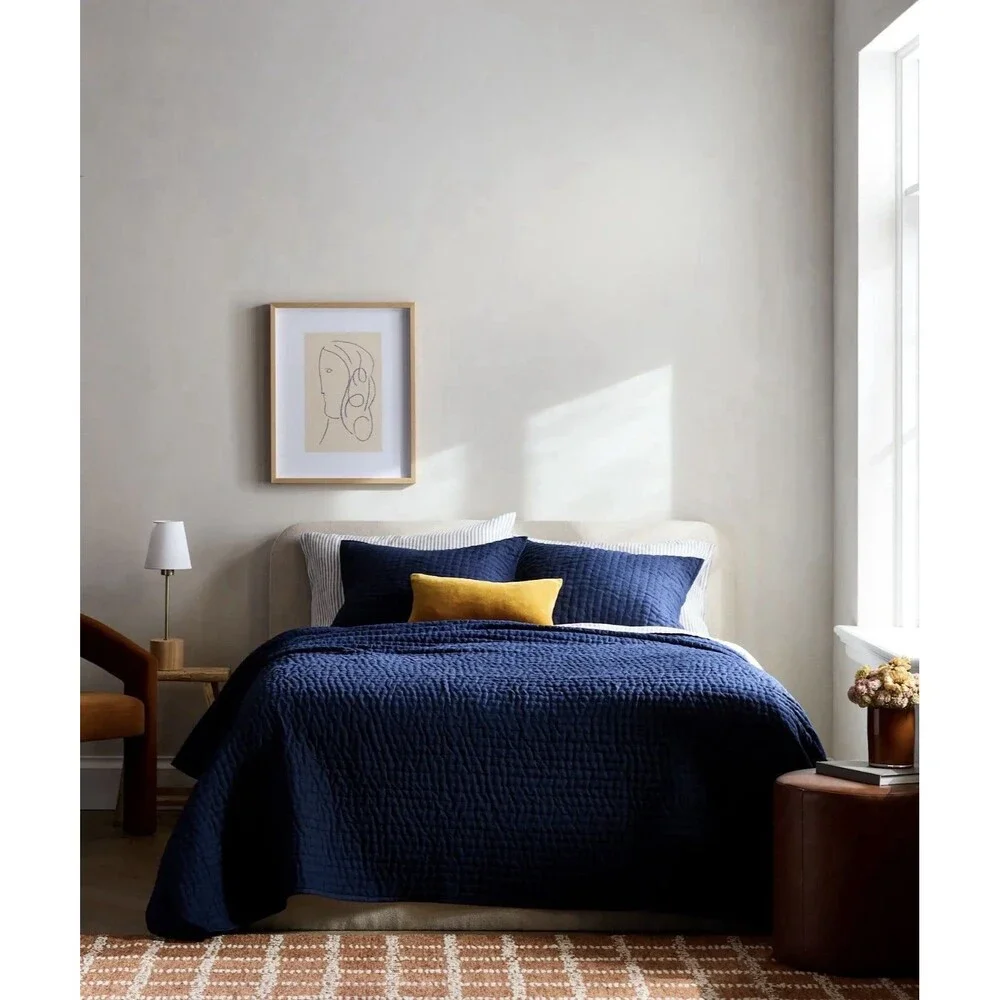 Quince European Linen Cotton Stitch Quilt Set Full / Queen Navy $189.90 Retail